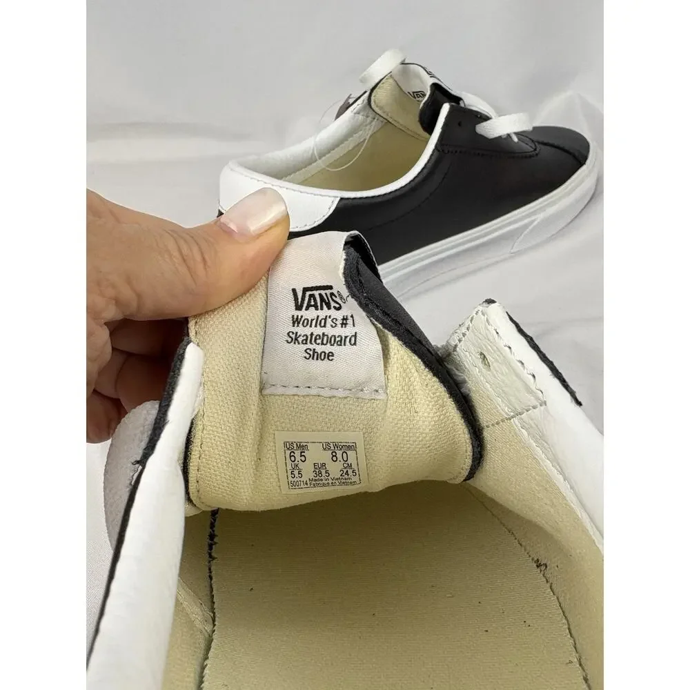 Vans Sport Leather Sneakers Women’s 8 Men’s 6.5 Black White Flying V NWOB